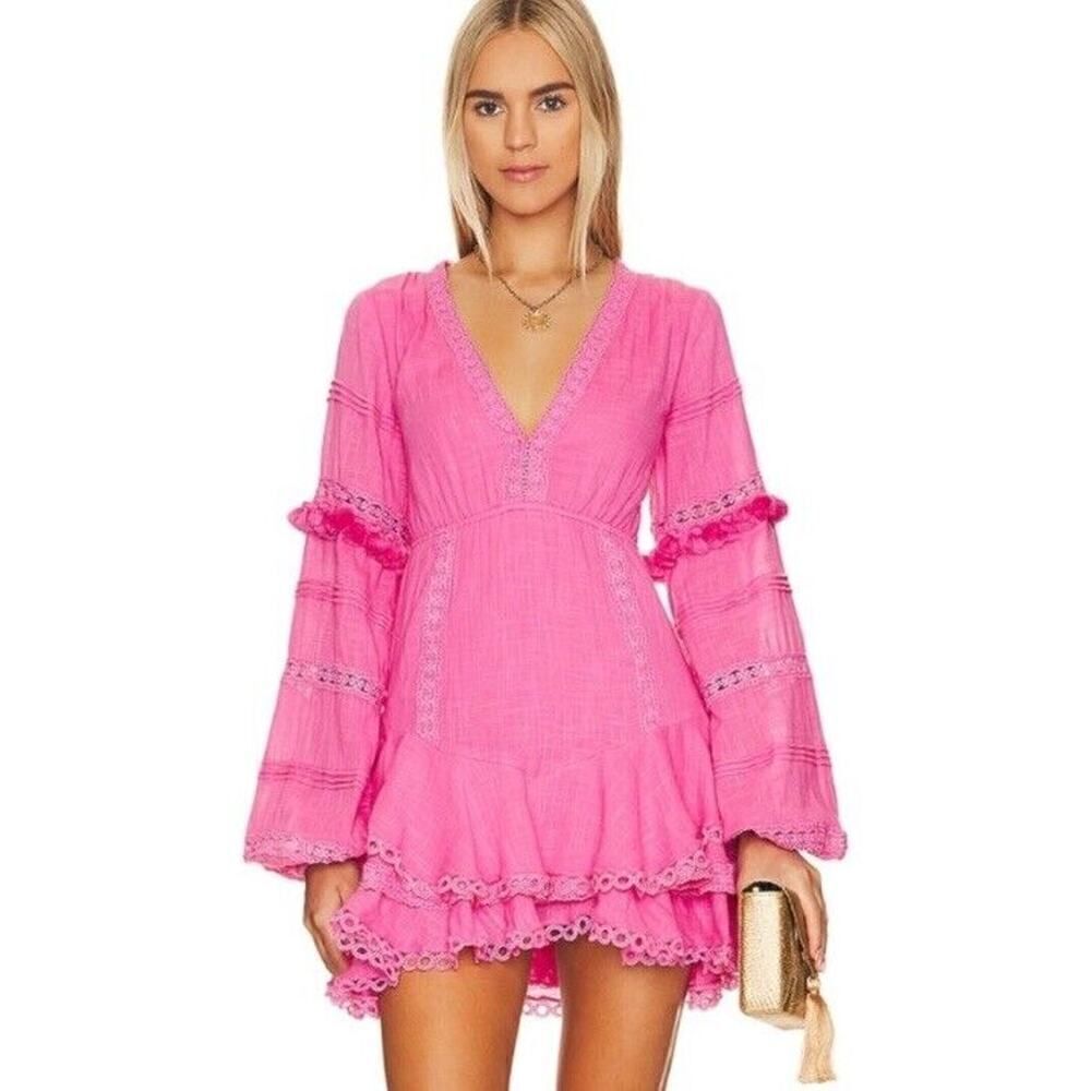 Pink V-Neck Mini Dress with Lace Trim